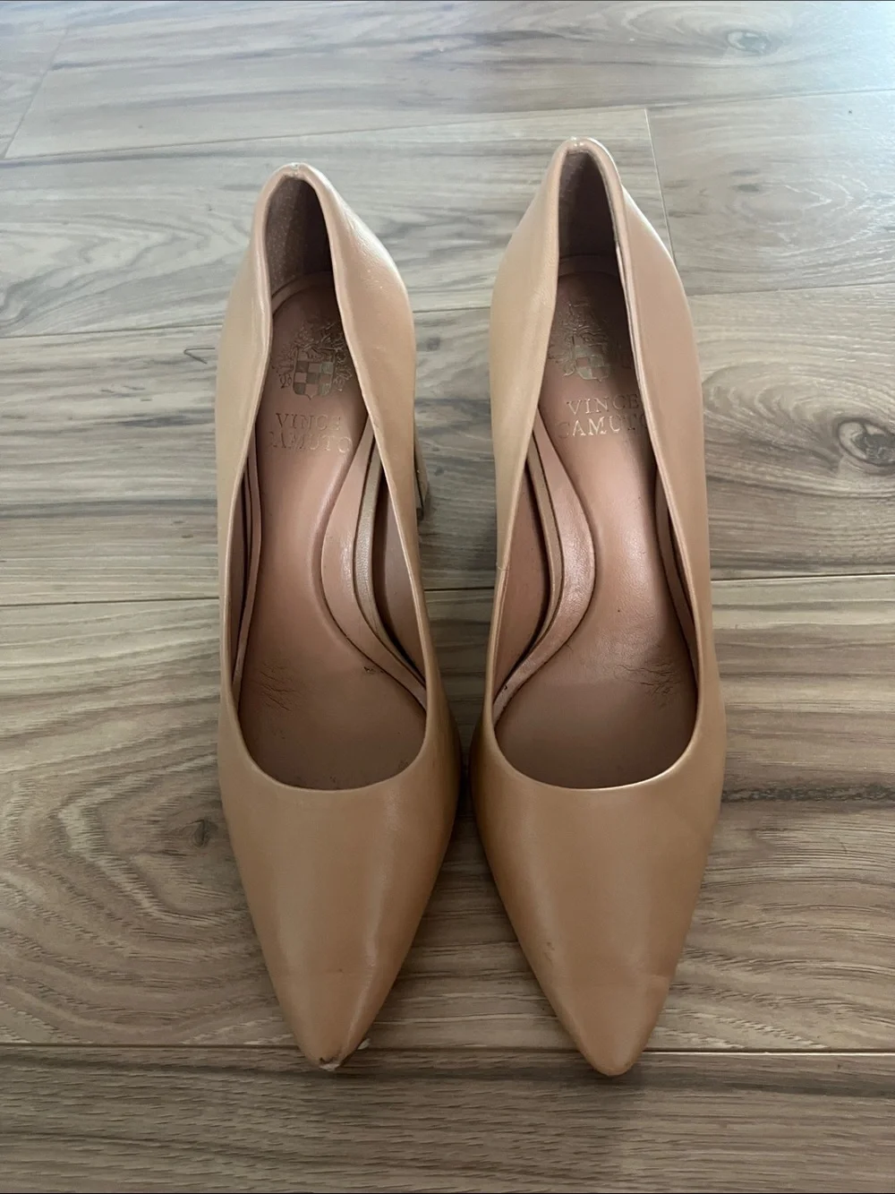 Vince Camuto Beige Pointed Toe Block Heel Pumps